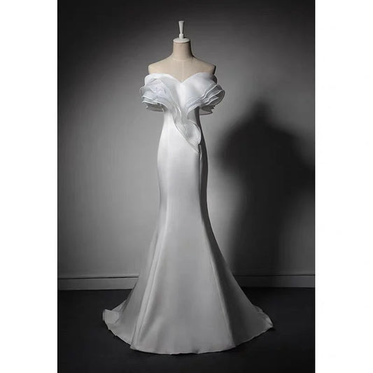 White Off-shoulder Satin Mermaid Boho Wedding Dress  White Formal Evening Dresses