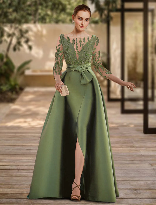 A-line backless evening dress formal wedding guests floor length 3/4 long sleeved low round neckline lace with slit and tie up