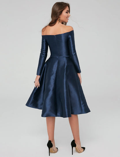 A-line elegant dress wedding guests cocktail party knee length long sleeved off shoulder satin pleats