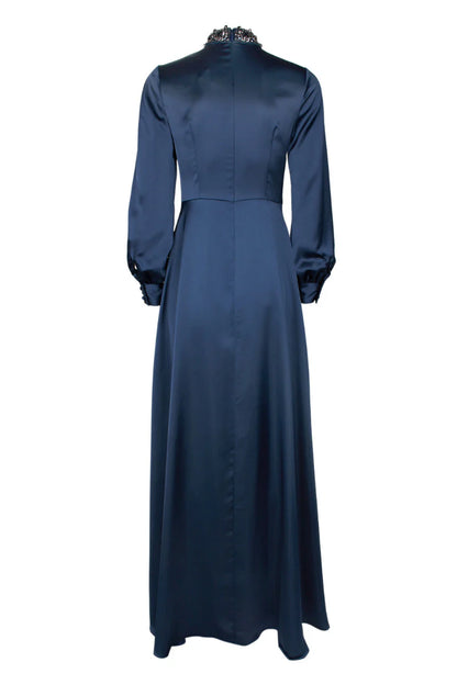 Embellished high Neck Long Sleeve Keyhole Front Zipper Back Satin Mother of the Bride Dresses