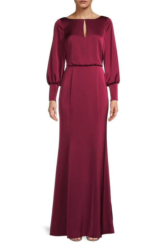 Boat Neck Keyhole Front Long Sleeve Mermaid Satin Mother of the Bride Dress