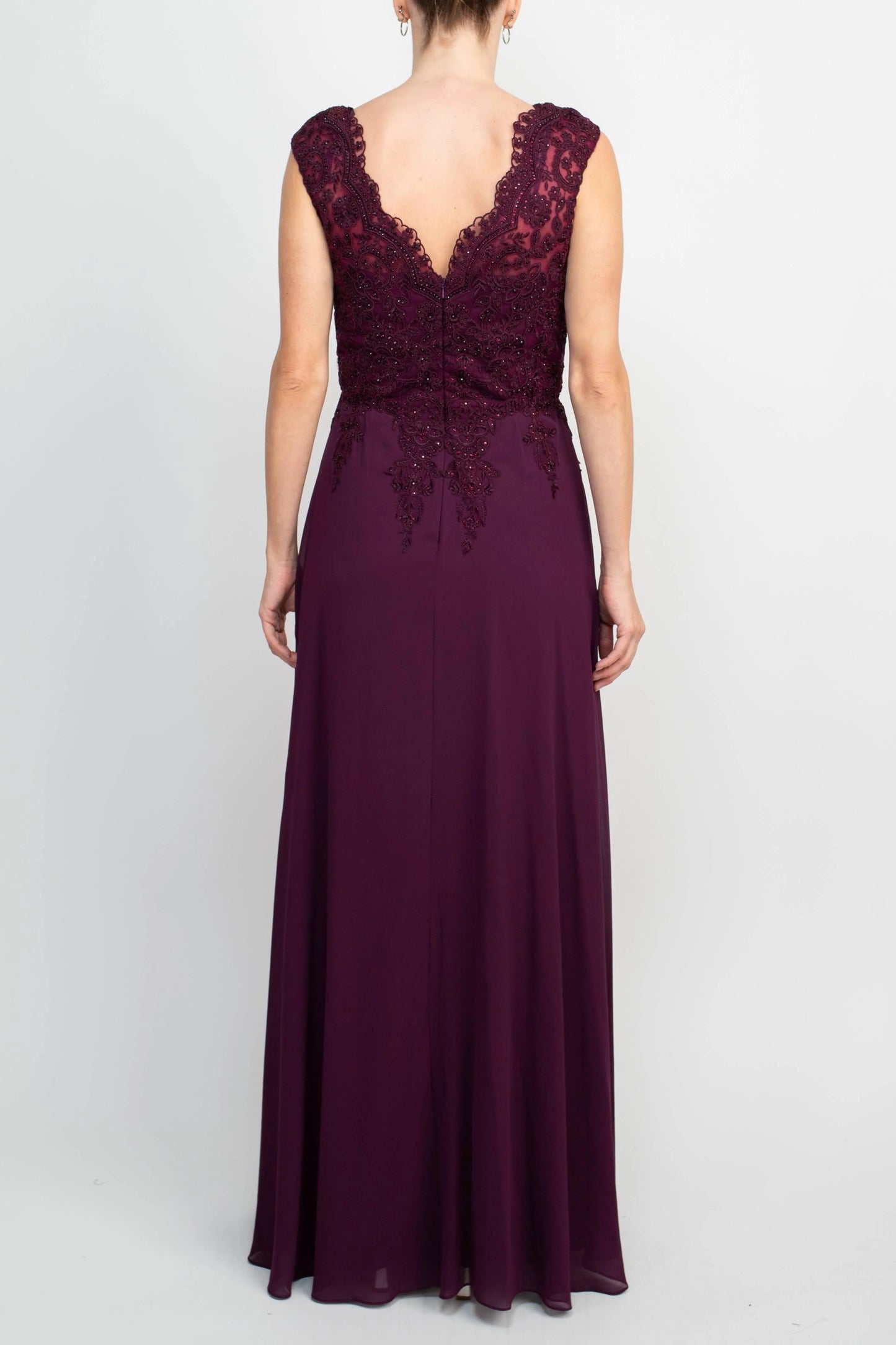 Embellished Scalloped Neck Cap Sleeve Zipper Back Flutter Embroidered Mesh Chiffon Mother of the Bride Dresses with Scarf