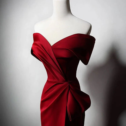 Off-the-Shoulder Red Satin Evening Dress with Bow Detail  Elegant Red Evening Gown