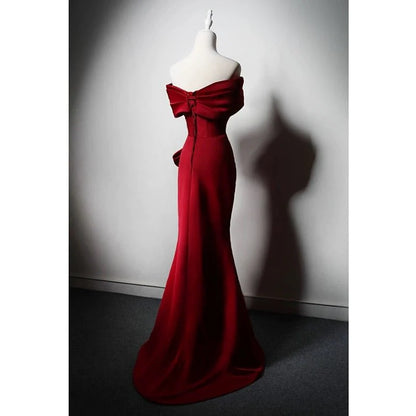 Off-the-Shoulder Red Satin Evening Dress with Bow Detail  Elegant Red Evening Gown