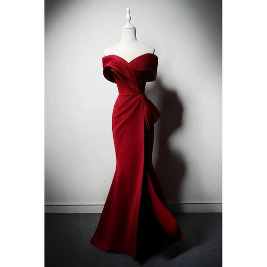 Off-the-Shoulder Red Satin Evening Dress with Bow Detail  Elegant Red Evening Gown