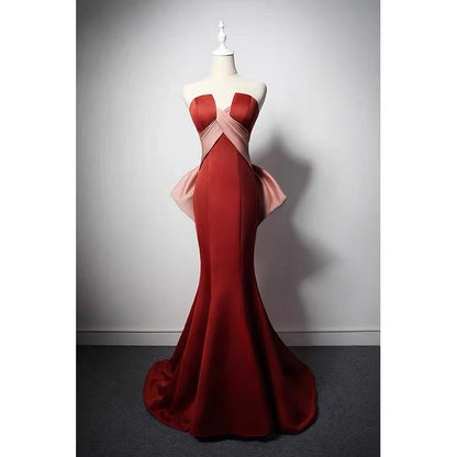 Brown Red Satin Mermaid Prom Dress With Bow Tie Train  Corset Evening Gown