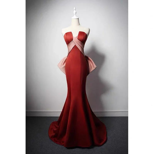 Brown Red Satin Mermaid Prom Dress With Bow Tie Train  Corset Evening Gown