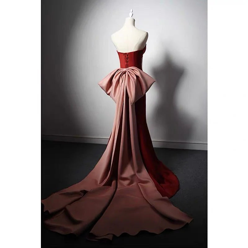 Brown Red Satin Mermaid Prom Dress With Bow Tie Train  Corset Evening Gown