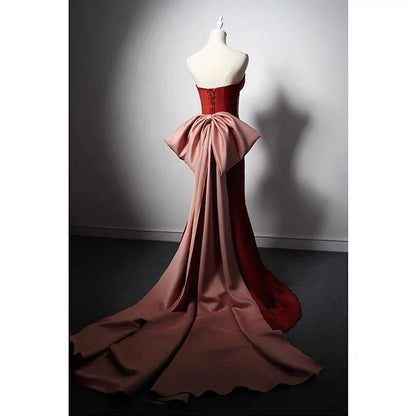 Brown Red Satin Mermaid Prom Dress With Bow Tie Train  Corset Evening Gown