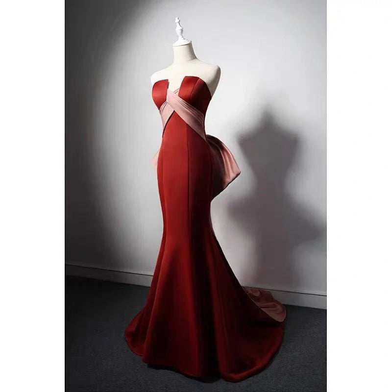 Brown Red Satin Mermaid Prom Dress With Bow Tie Train  Corset Evening Gown