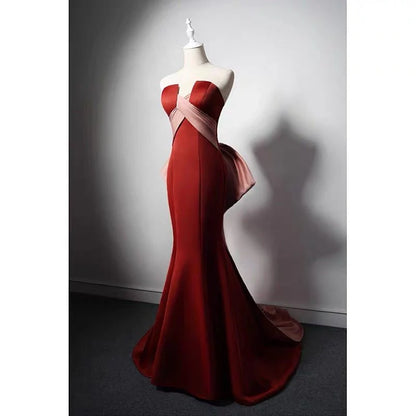 Brown Red Satin Mermaid Prom Dress With Bow Tie Train  Corset Evening Gown