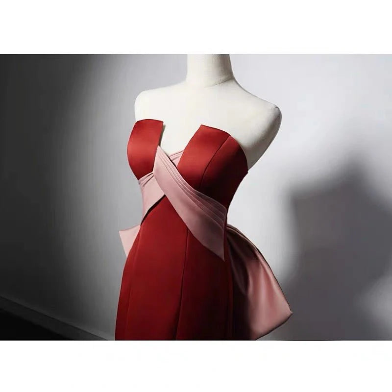 Brown Red Satin Mermaid Prom Dress With Bow Tie Train  Corset Evening Gown