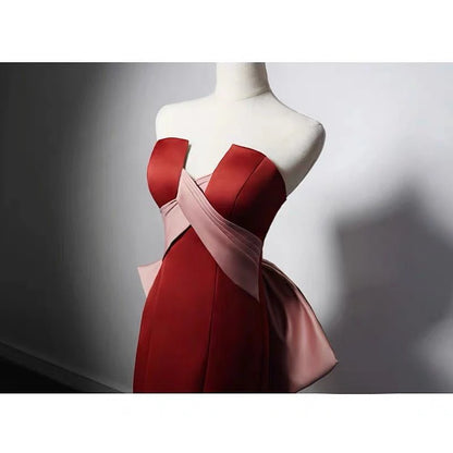 Brown Red Satin Mermaid Prom Dress With Bow Tie Train  Corset Evening Gown