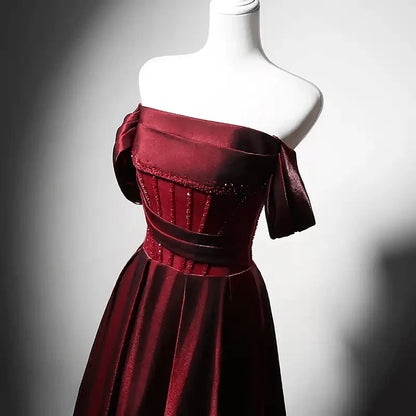 Red Satin Evening Gown with Corset Back - Off-the-Shoulder Evening Dress