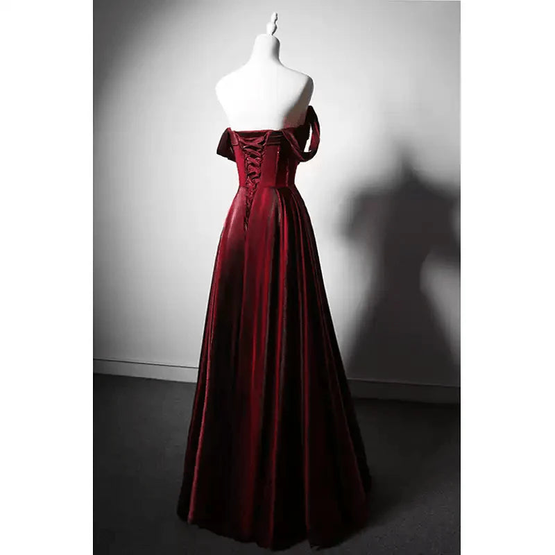Red Satin Evening Gown with Corset Back - Off-the-Shoulder Evening Dress