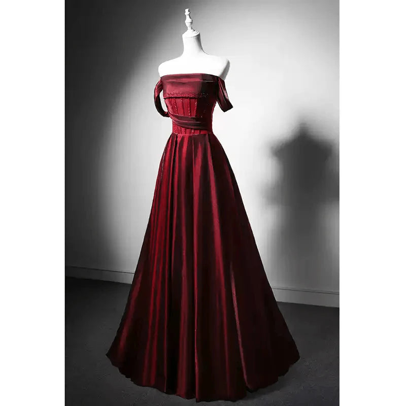 Red Satin Evening Gown with Corset Back - Off-the-Shoulder Evening Dress
