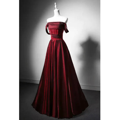Red Satin Evening Gown with Corset Back - Off-the-Shoulder Evening Dress