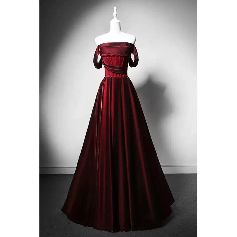 Red Satin Evening Gown with Corset Back - Off-the-Shoulder Evening Dress