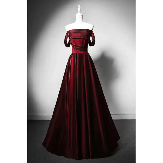 Red Satin Evening Gown with Corset Back - Off-the-Shoulder Evening Dress