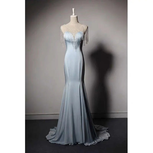 Blue V-neck Mermaid Evening Gown With Crystal Chain Formal Evening Dresses