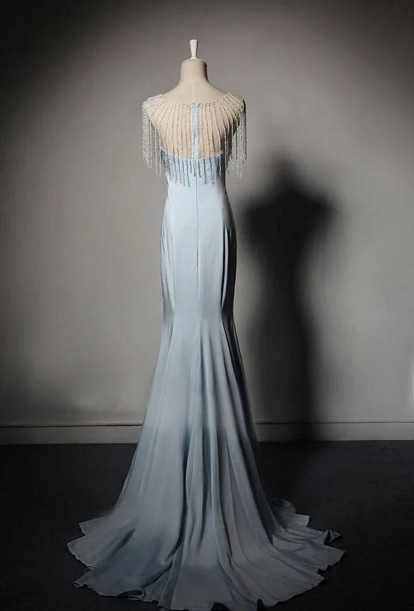 Blue V-neck Mermaid Evening Gown With Crystal Chain Formal Evening Dresses