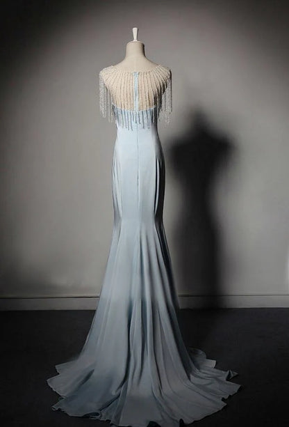 Blue V-neck Mermaid Evening Gown With Crystal Chain Formal Evening Dresses