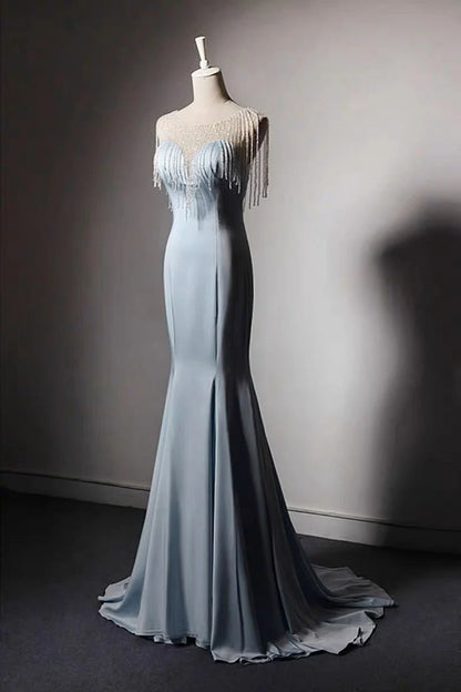 Blue V-neck Mermaid Evening Gown With Crystal Chain Formal Evening Dresses