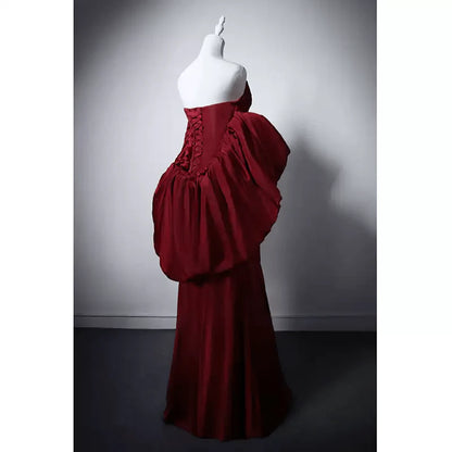 Gothic Burgundy Red Evening Gown with Dramatic Puff Sleeves  Red Evening Gown with Corset Back