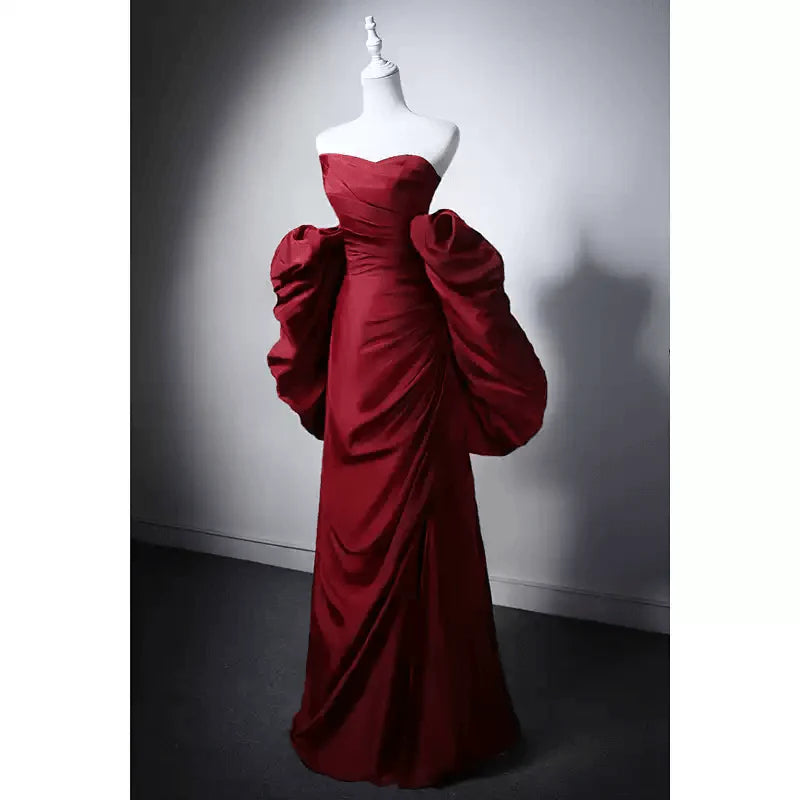 Gothic Burgundy Red Evening Gown with Dramatic Puff Sleeves  Red Evening Gown with Corset Back