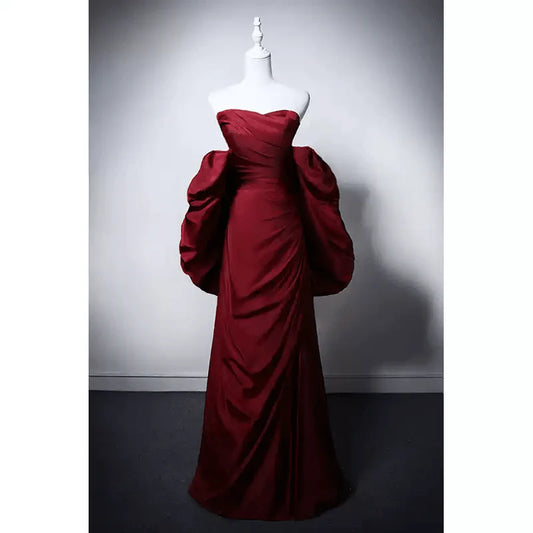 Gothic Burgundy Red Evening Gown with Dramatic Puff Sleeves  Red Evening Gown with Corset Back