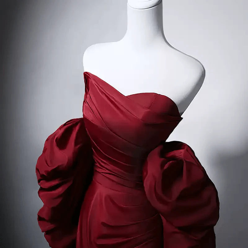 Gothic Burgundy Red Evening Gown with Dramatic Puff Sleeves  Red Evening Gown with Corset Back