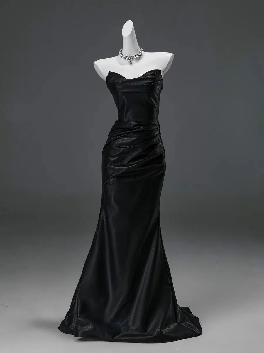 Black Satin Strapless Mermaid Evening Gown