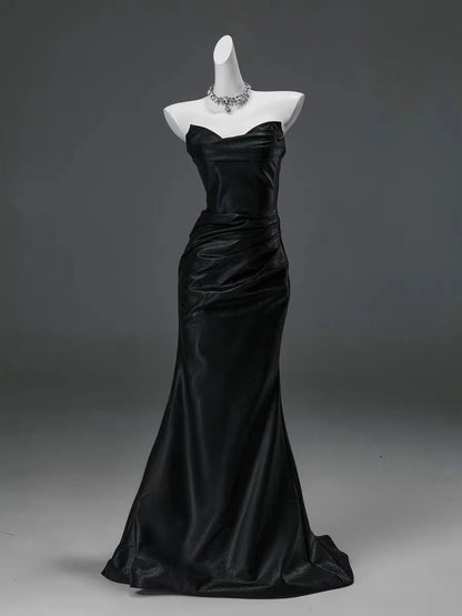 Black Satin Strapless Mermaid Evening Gown