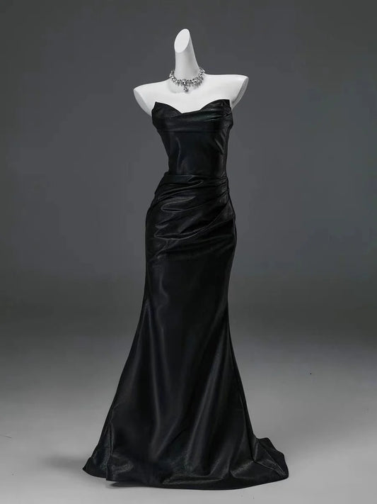 Black Satin Strapless Mermaid Evening Gown