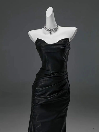 Black Satin Strapless Mermaid Evening Gown