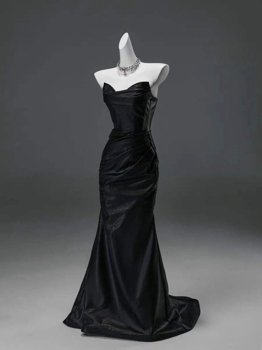 Black Satin Strapless Mermaid Evening Gown