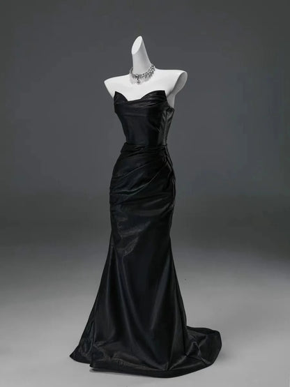 Black Satin Strapless Mermaid Evening Gown