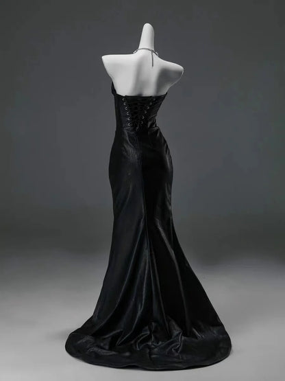 Black Satin Strapless Mermaid Evening Gown