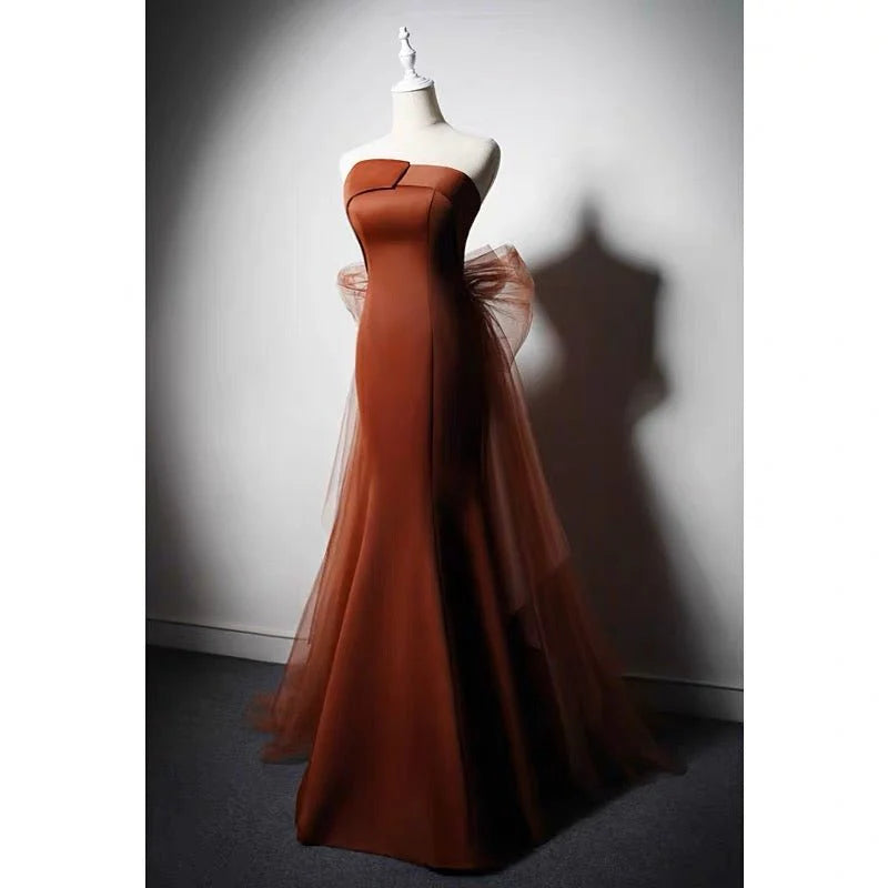 Brown Red Satin Mermaid Prom Dress With Gauze Evening Gown