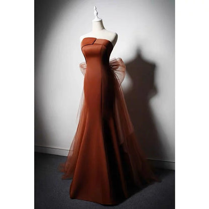 Brown Red Satin Mermaid Prom Dress With Gauze Evening Gown