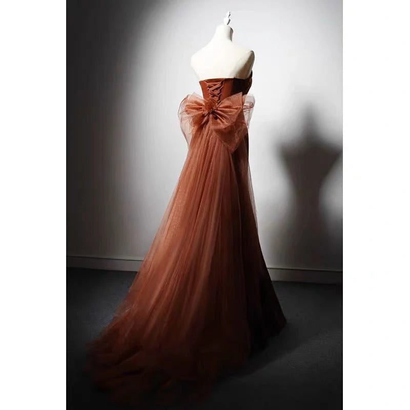 Brown Red Satin Mermaid Prom Dress With Gauze Evening Gown