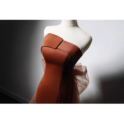 Brown Red Satin Mermaid Prom Dress With Gauze Evening Gown