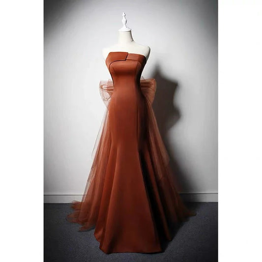 Brown Red Satin Mermaid Prom Dress With Gauze Evening Gown