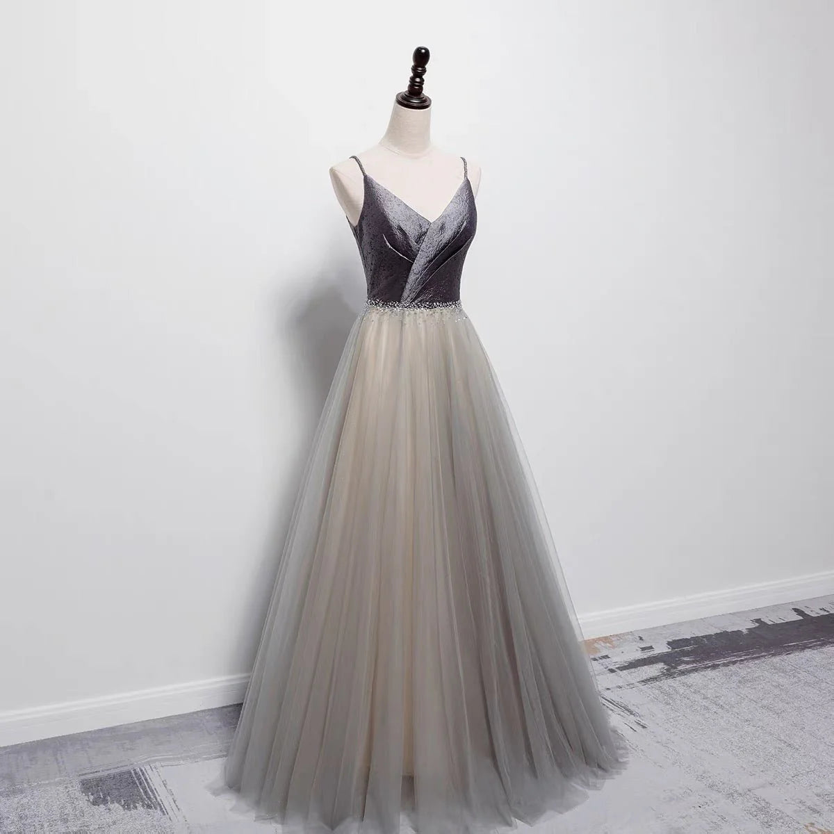 Grey Embellished Satin Formal Dress With Gauze Spaghetti Straps Evening Dresses