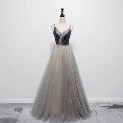 Grey Embellished Satin Formal Dress With Gauze Spaghetti Straps Evening Dresses