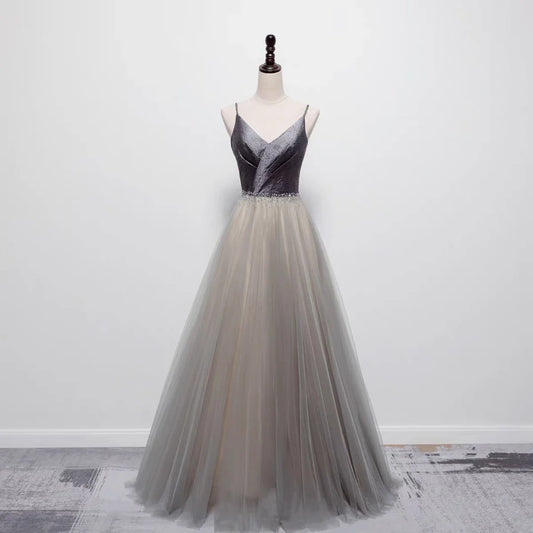 Grey Embellished Satin Formal Dress With Gauze Spaghetti Straps Evening Dresses
