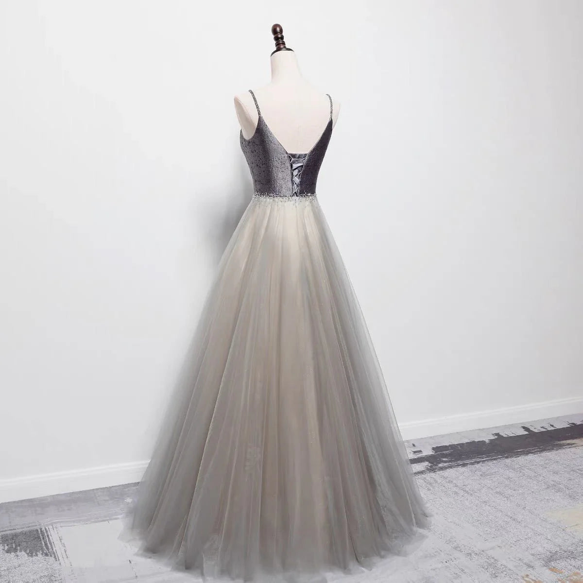 Grey Embellished Satin Formal Dress With Gauze Spaghetti Straps Evening Dresses