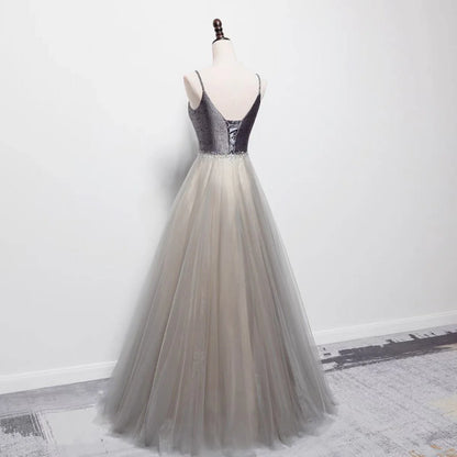 Grey Embellished Satin Formal Dress With Gauze Spaghetti Straps Evening Dresses