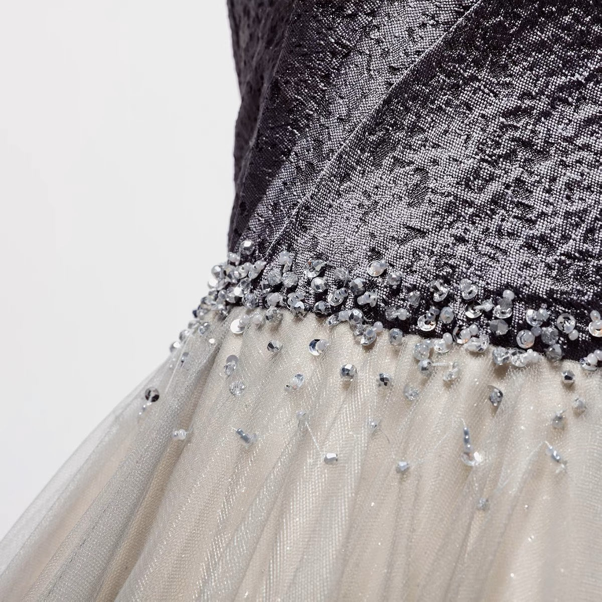 Grey Embellished Satin Formal Dress With Gauze Spaghetti Straps Evening Dresses