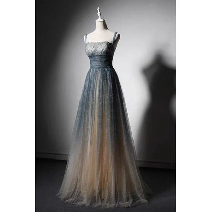 Blue Ombre Spaghetti Straps Prom Dress With Gold Glitter Corset Evening Gown